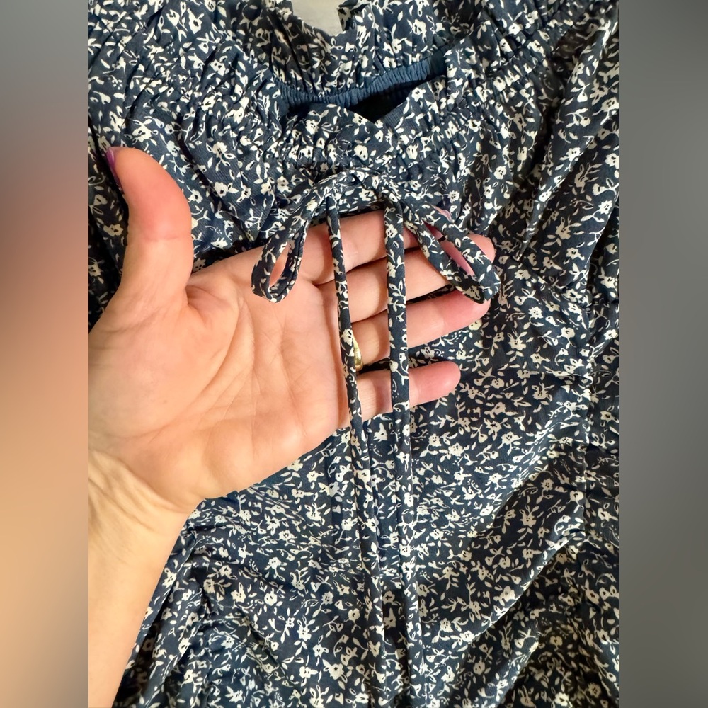Lulus Reason To Be Mini Dress Ditsy Floral Dusty Blue Off Shoulder Short Sleeve - Picture 6 of 14